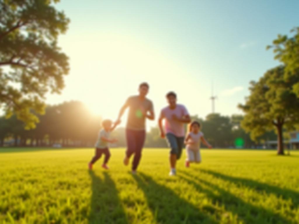 Keluarga Indonesia berolahraga bersama di taman