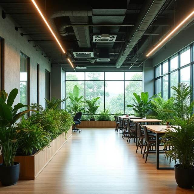 Suasana kantor Sila Odzywiania Plus di Jakarta dengan konsep hijau modern